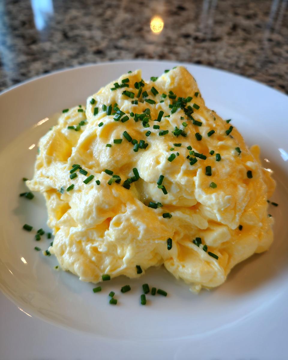 A close-up of creamy, fluffy scrambled eggs topped generously with freshly chopped green chives.