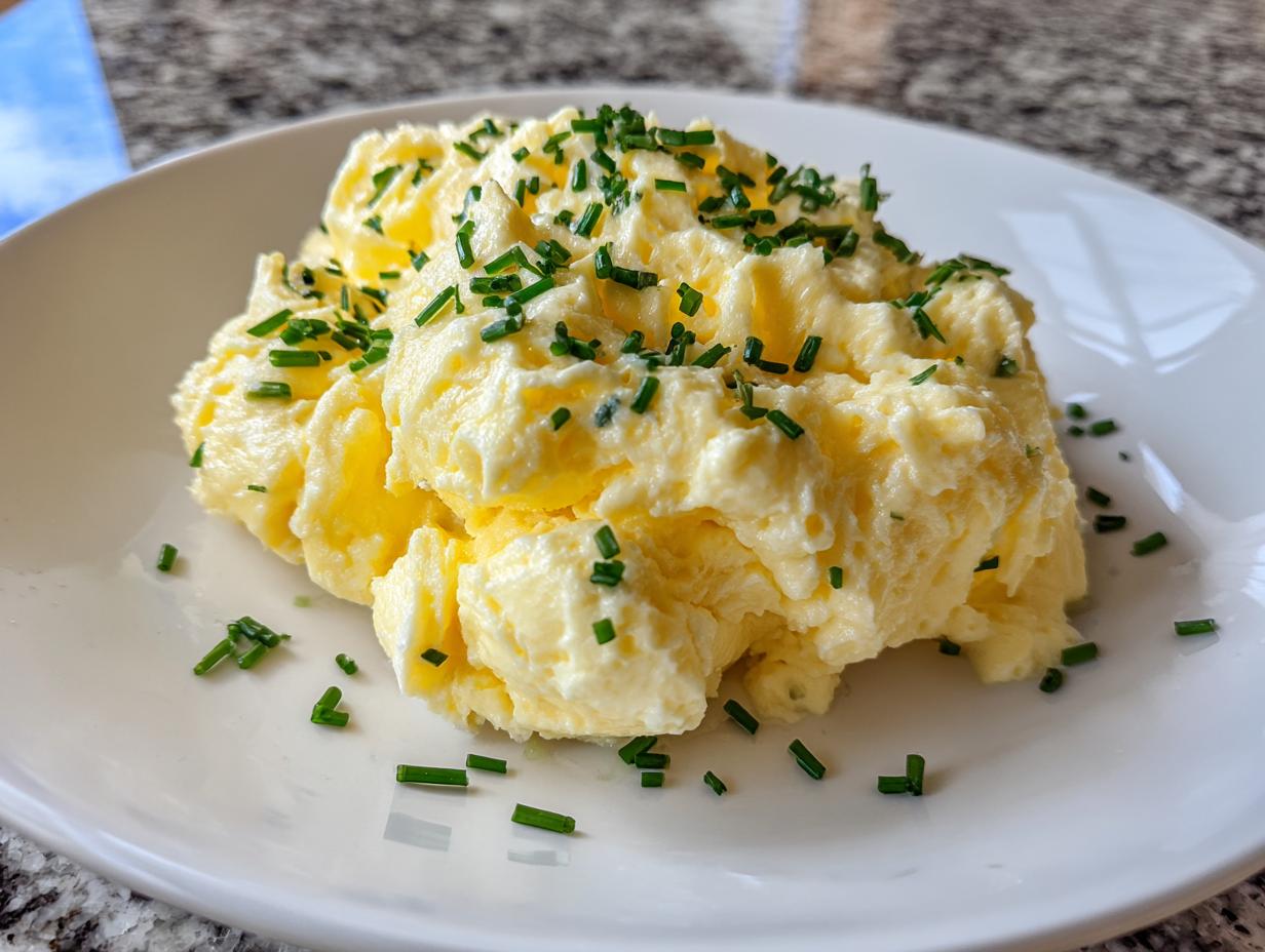 A close-up of creamy, fluffy scrambled eggs topped generously with fresh, chopped chives on a white plate.