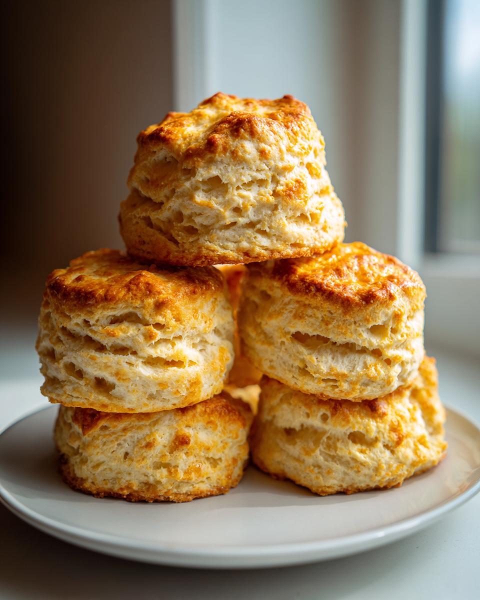 A stack of five tall, flaky, golden-brown scones sitting on a light gray plate.