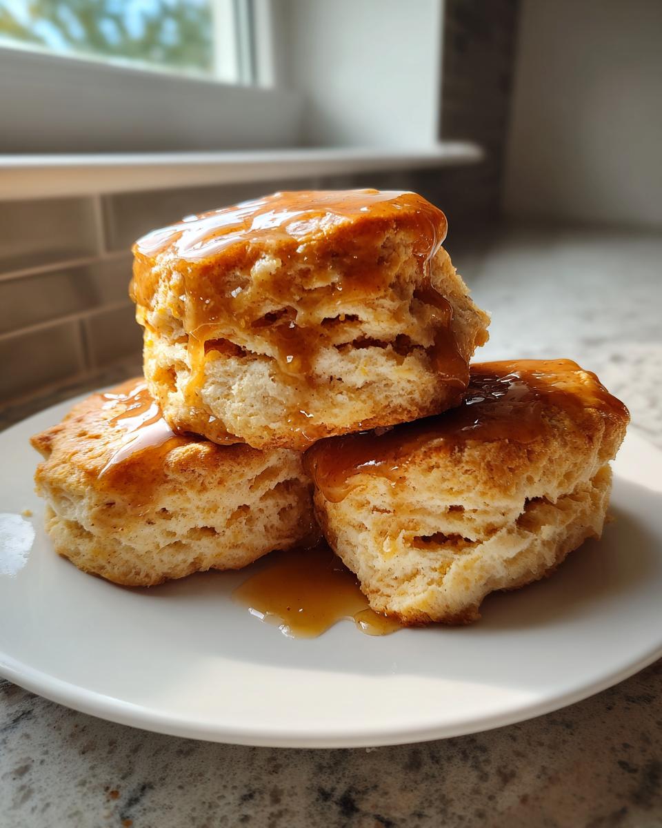 Three stacked, flaky sweet potato biscuits drizzled generously with a thick, amber caramel glaze on a white plate.