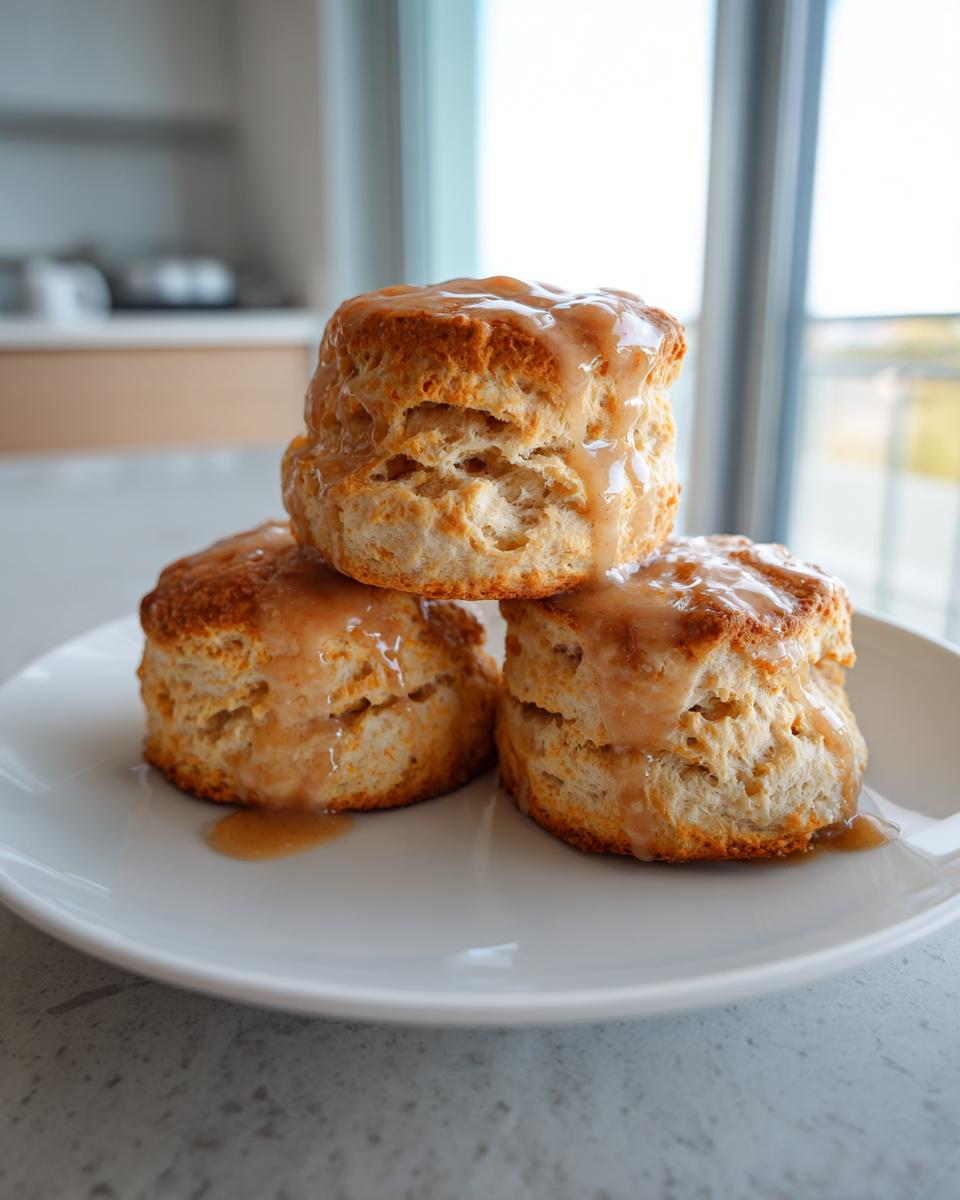 Three fluffy sweet potato biscuits stacked on a white plate, drizzled with a light brown glaze.