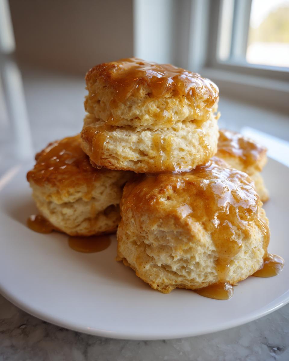 A stack of fluffy sweet potato biscuits generously drizzled with a warm, amber-colored glaze.