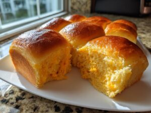 A close-up of fluffy sweet potato rolls on a white plate, one roll is broken open showing the soft orange interior.