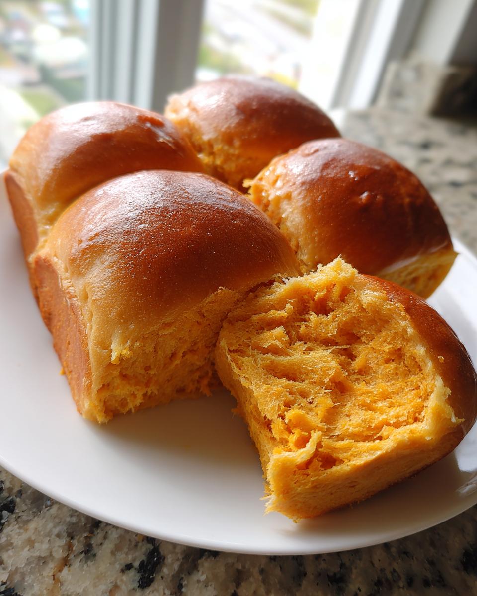 Close-up of fluffy sweet potato rolls on a white plate, one roll torn open showing the vibrant orange interior.