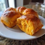 Close-up of fluffy sweet potato rolls on a white plate, one roll is torn open showing the vibrant orange interior.