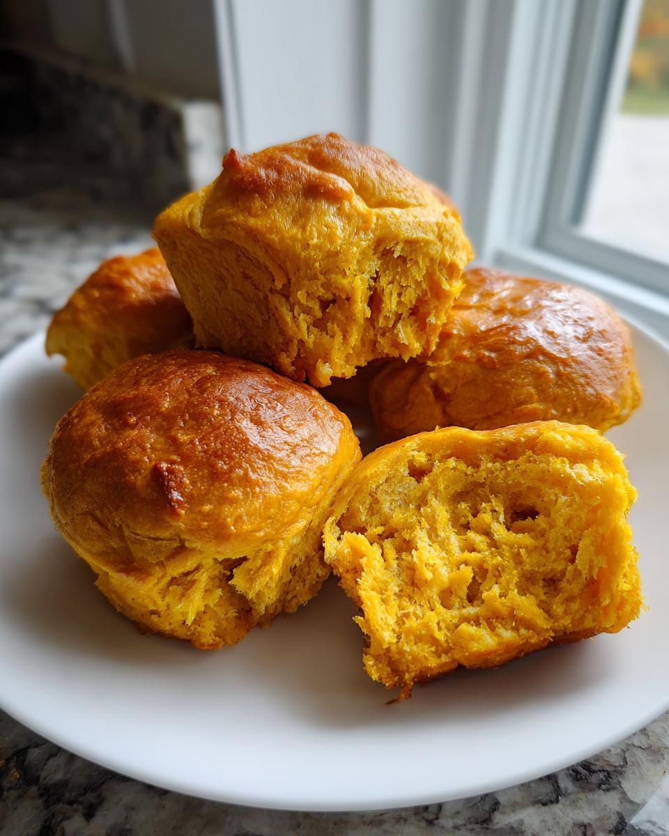 Close-up of several golden brown sweet potato rolls on a white plate, one is torn open showing the fluffy, orange interior.