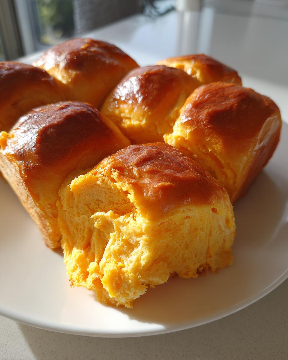 Close-up of golden-brown sweet potato rolls, showing the fluffy, vibrant orange interior of one torn roll.