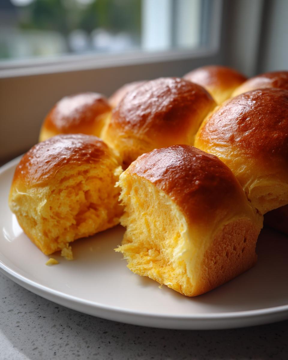Close-up of fluffy, bright orange sweet potato rolls, one split open to show the soft interior.