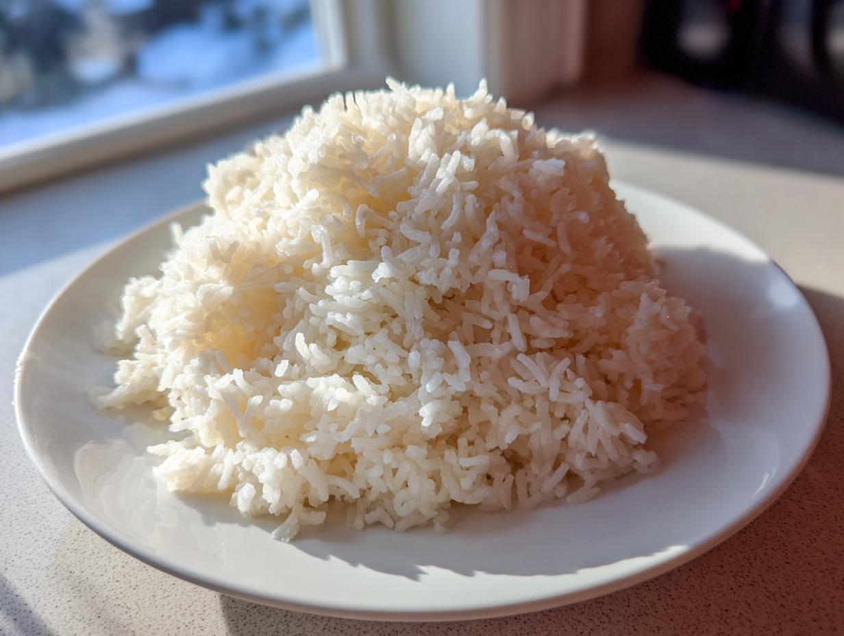 A mound of perfectly cooked white rice on a white plate, ready for the cheesy rice recipe.