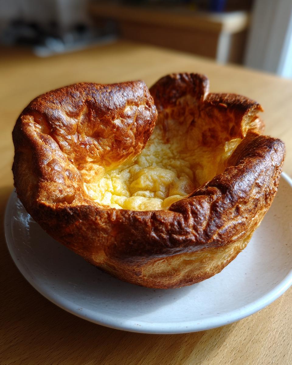 A single, golden-brown, and deeply risen Yorkshire pudding sitting in a small white bowl on a wooden table.