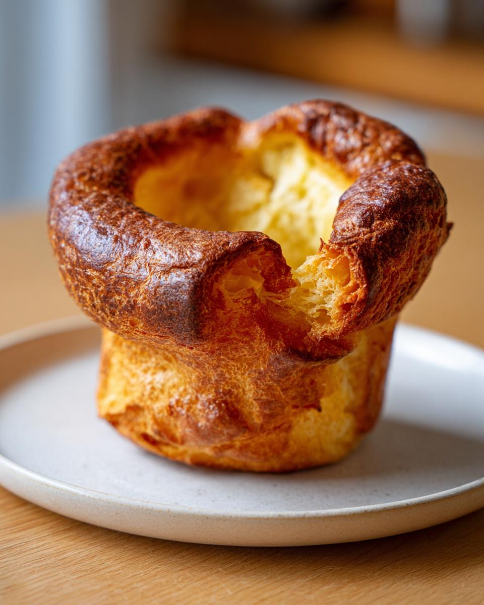 A single, tall, and fluffy Yorkshire pudding with a deep golden-brown, crispy edge sitting on a light ceramic plate.