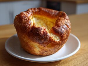 A single, tall, golden-brown Yorkshire pudding with crispy edges sitting on a small white saucer.
