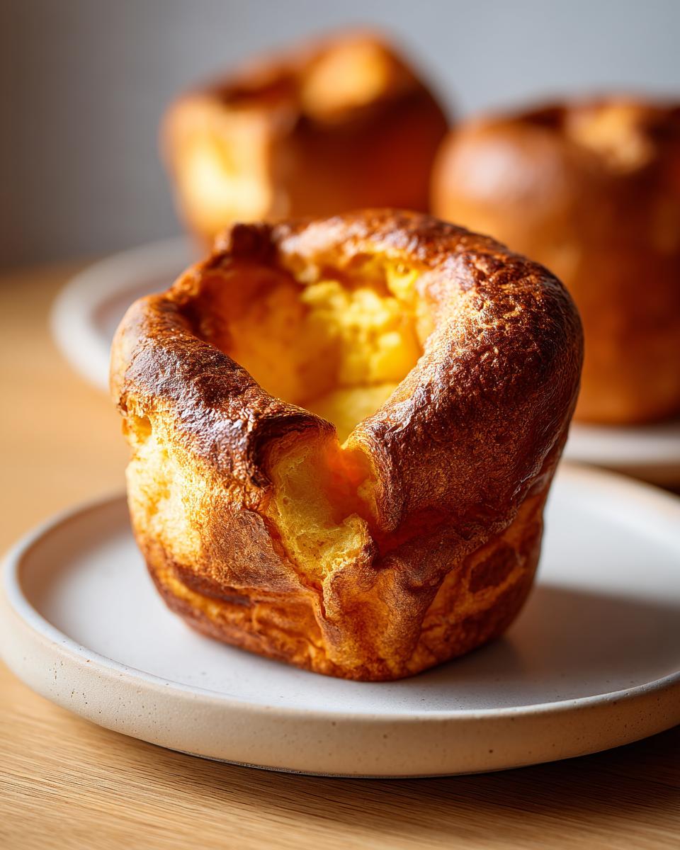 A single, golden-brown, fluffy Yorkshire pudding with a deep well, sitting on a light ceramic plate.