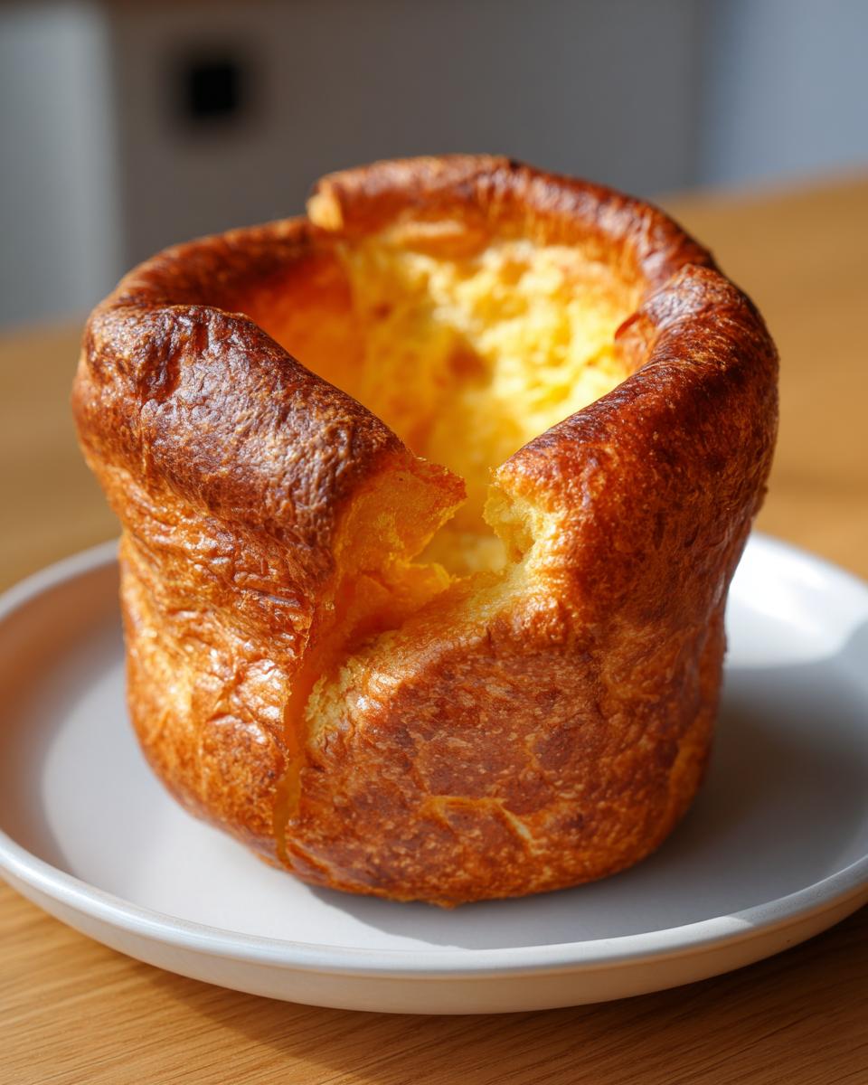 A single, tall, golden-brown Yorkshire pudding with a crisp exterior and deep center, sitting on a light grey plate.