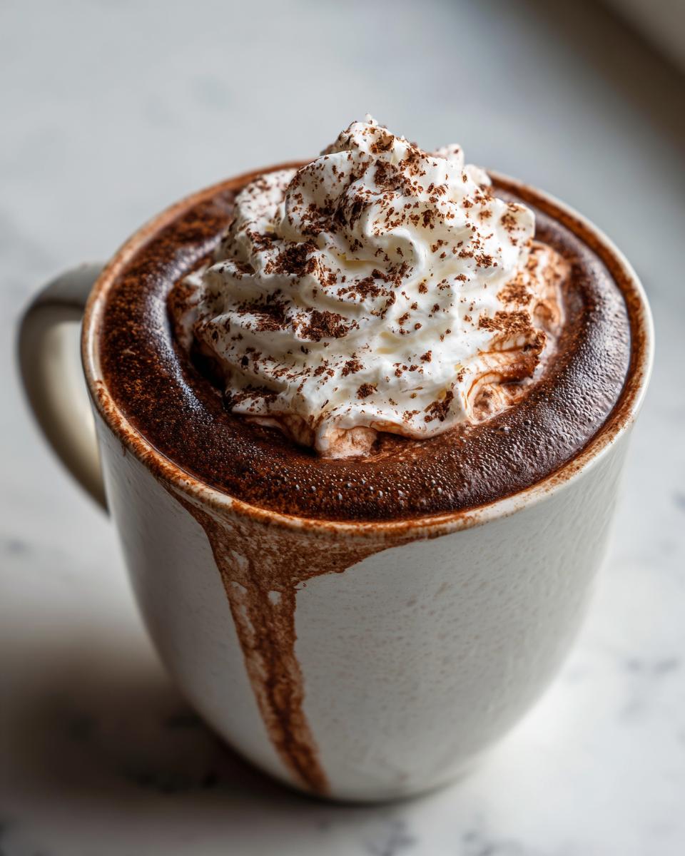 Close-up of a mug filled with rich french hot chocolate topped with whipped cream and chocolate shavings.