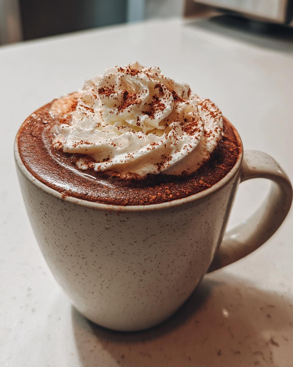 Close-up of a mug filled with rich french hot chocolate, topped high with whipped cream and dusted cocoa powder.