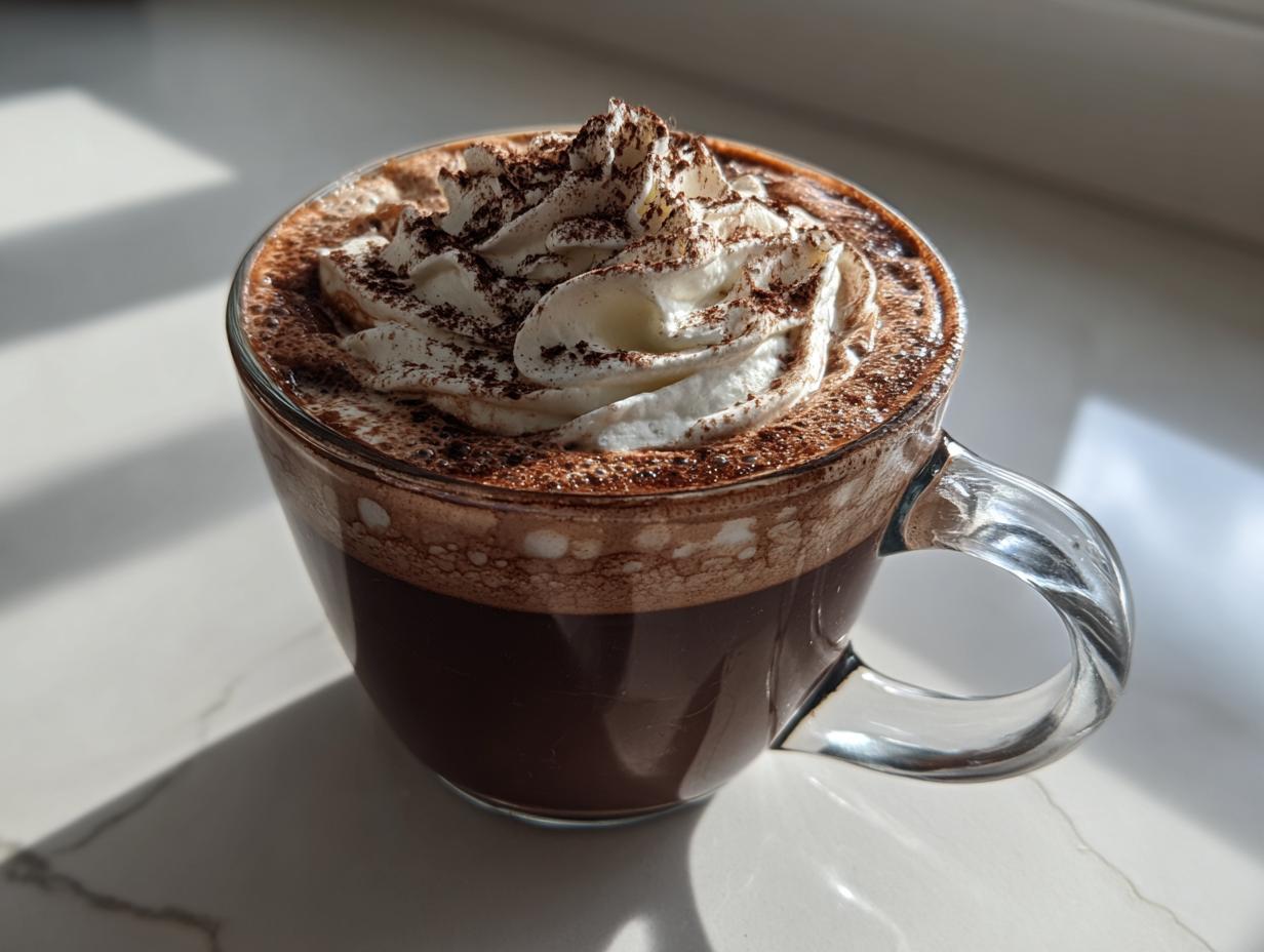 Close-up of a rich french hot chocolate in a glass mug, topped with a swirl of whipped cream and cocoa powder.