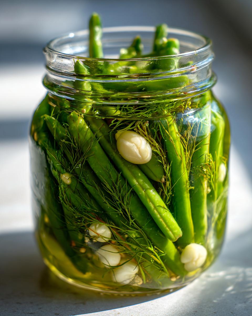 Close-up of fresh green beans and dill being pickled in a jar to make dilly beans.