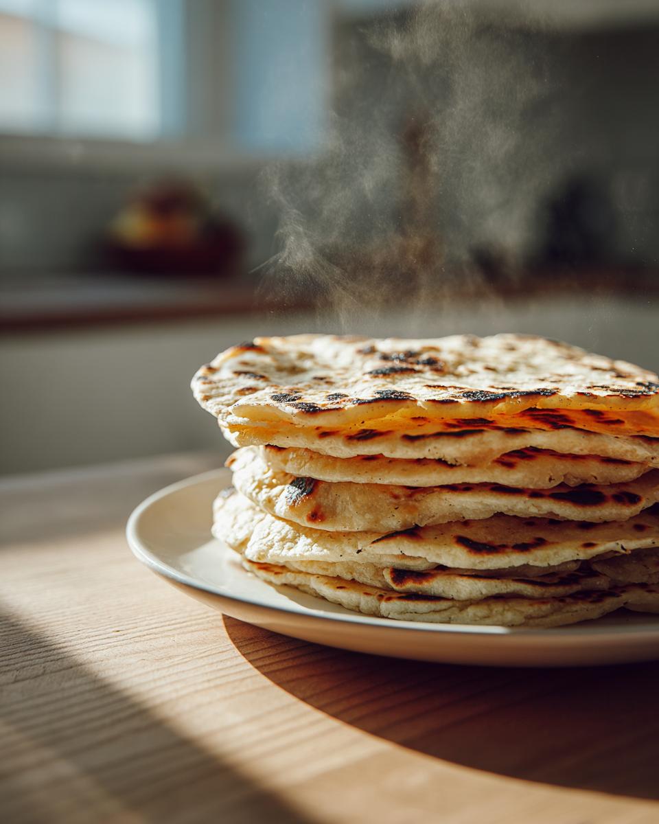 A stack of freshly cooked, steaming corn tortillas with charred spots resting on a light plate.