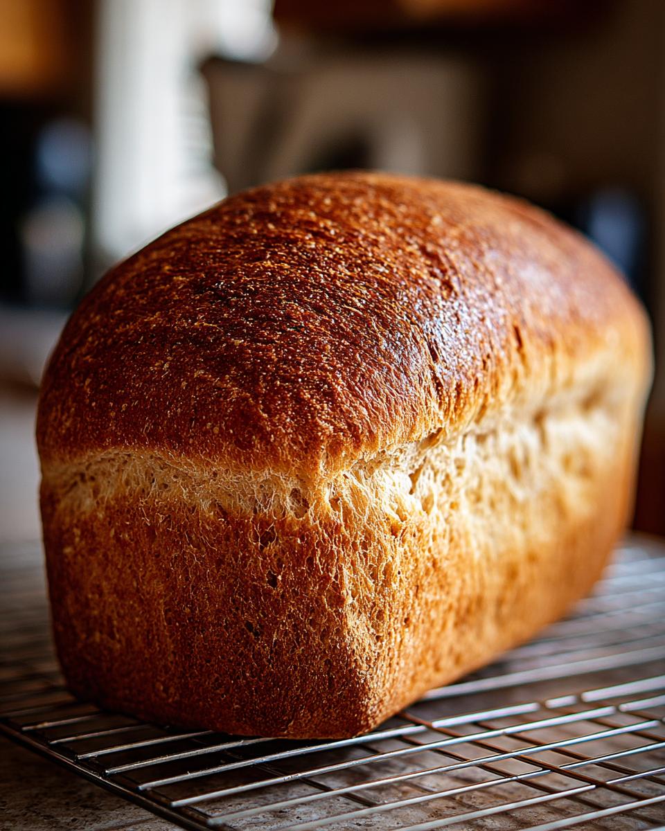 A perfectly baked loaf of whole wheat bread with a dark golden-brown crust cooling on a wire rack.