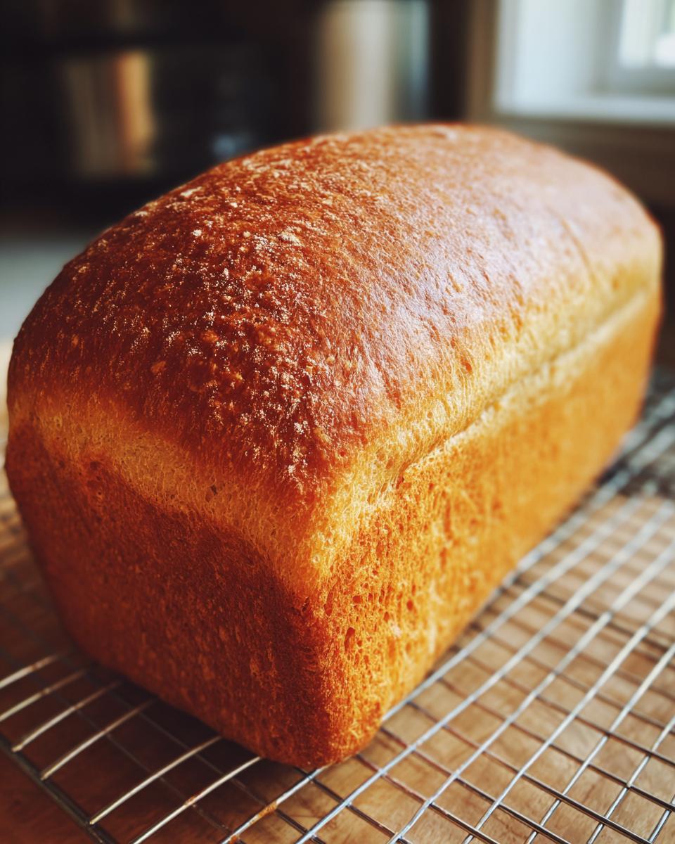 A golden-brown loaf of whole wheat bread cooling on a wire rack after baking.