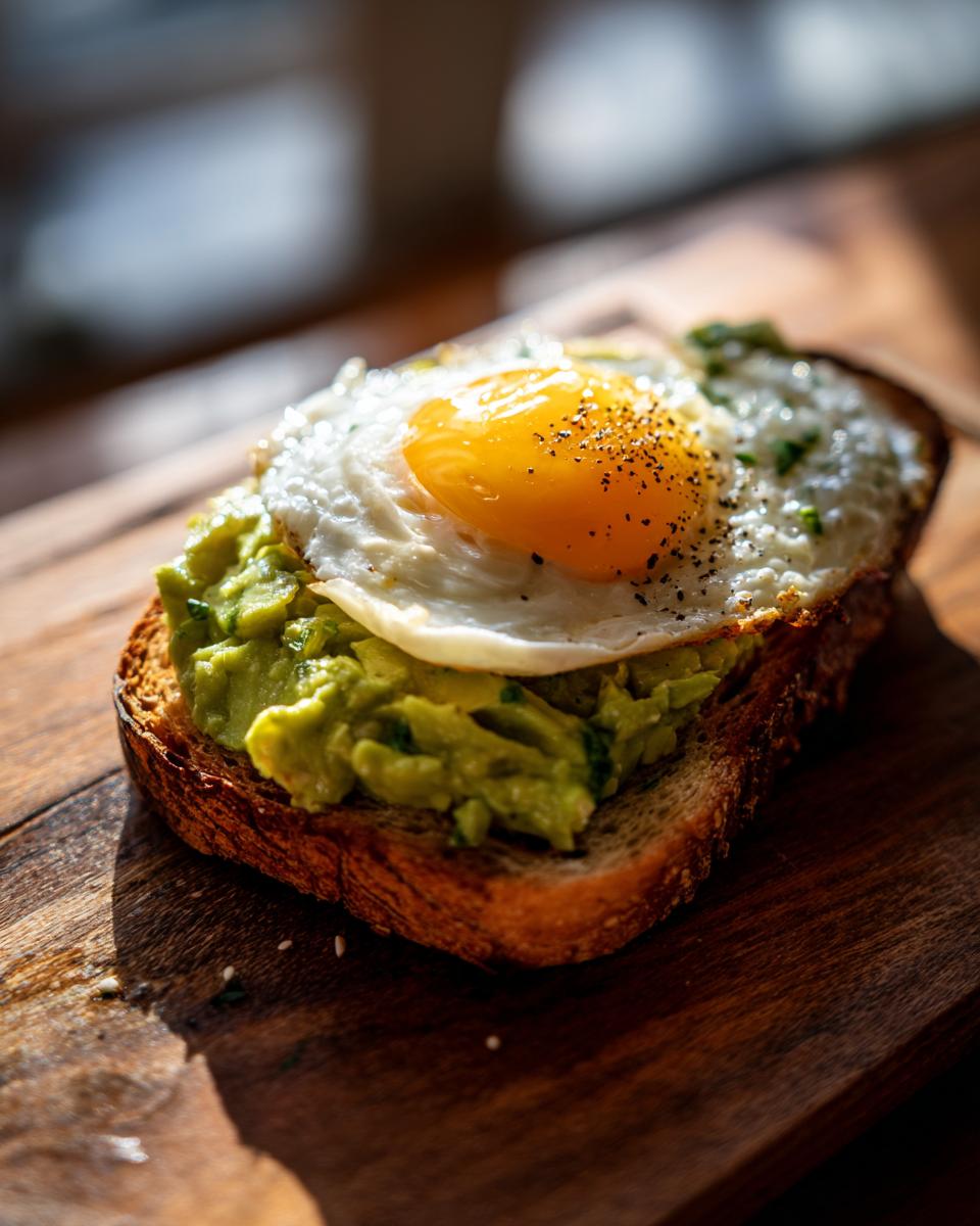A perfectly cooked fried egg sits atop mashed avocado on toasted bread, making a delicious avocado toast.