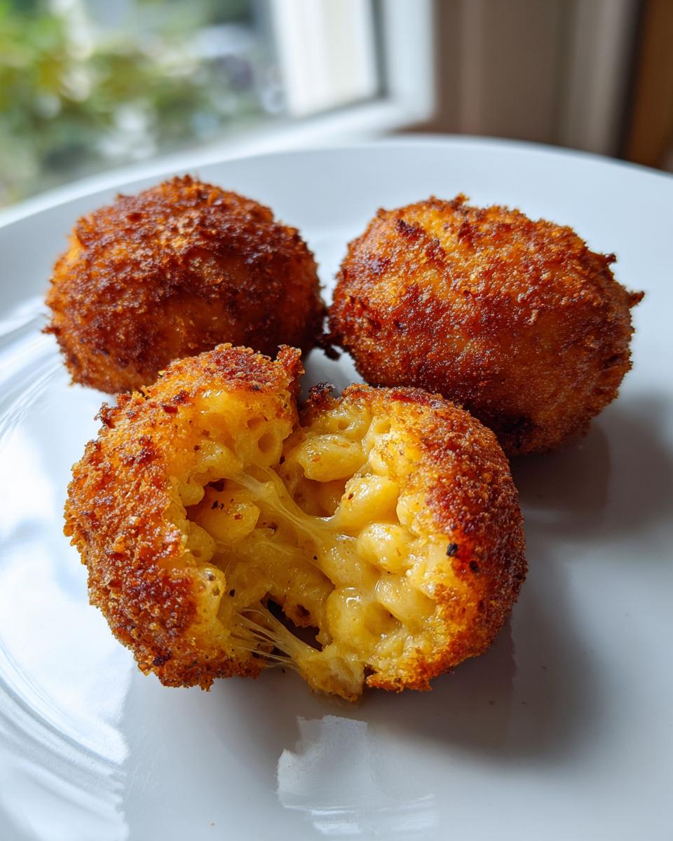 Three golden brown fried mac and cheese balls, one broken open showing melted cheese pull.