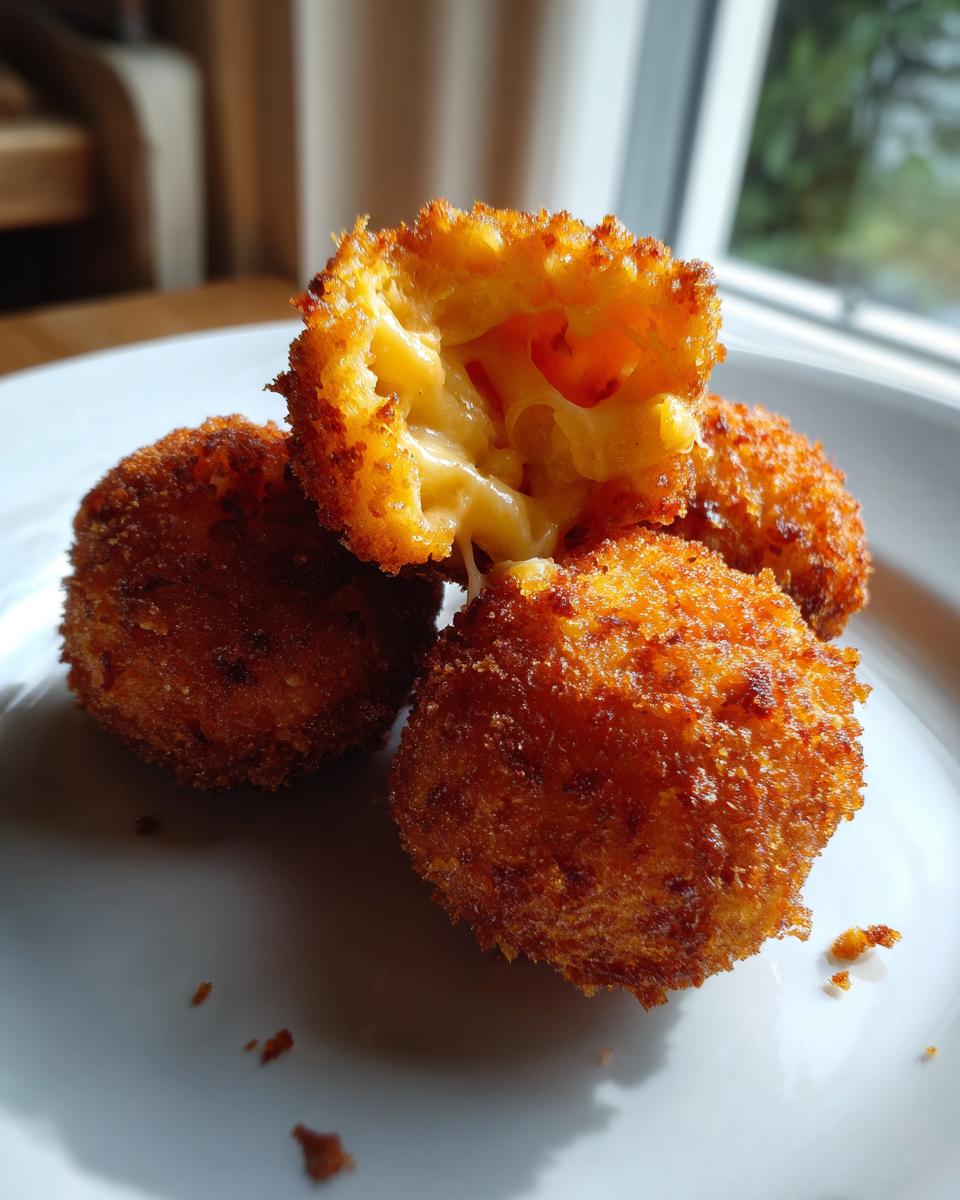Close-up of crispy fried mac and cheese balls, one broken open showing melted cheese.