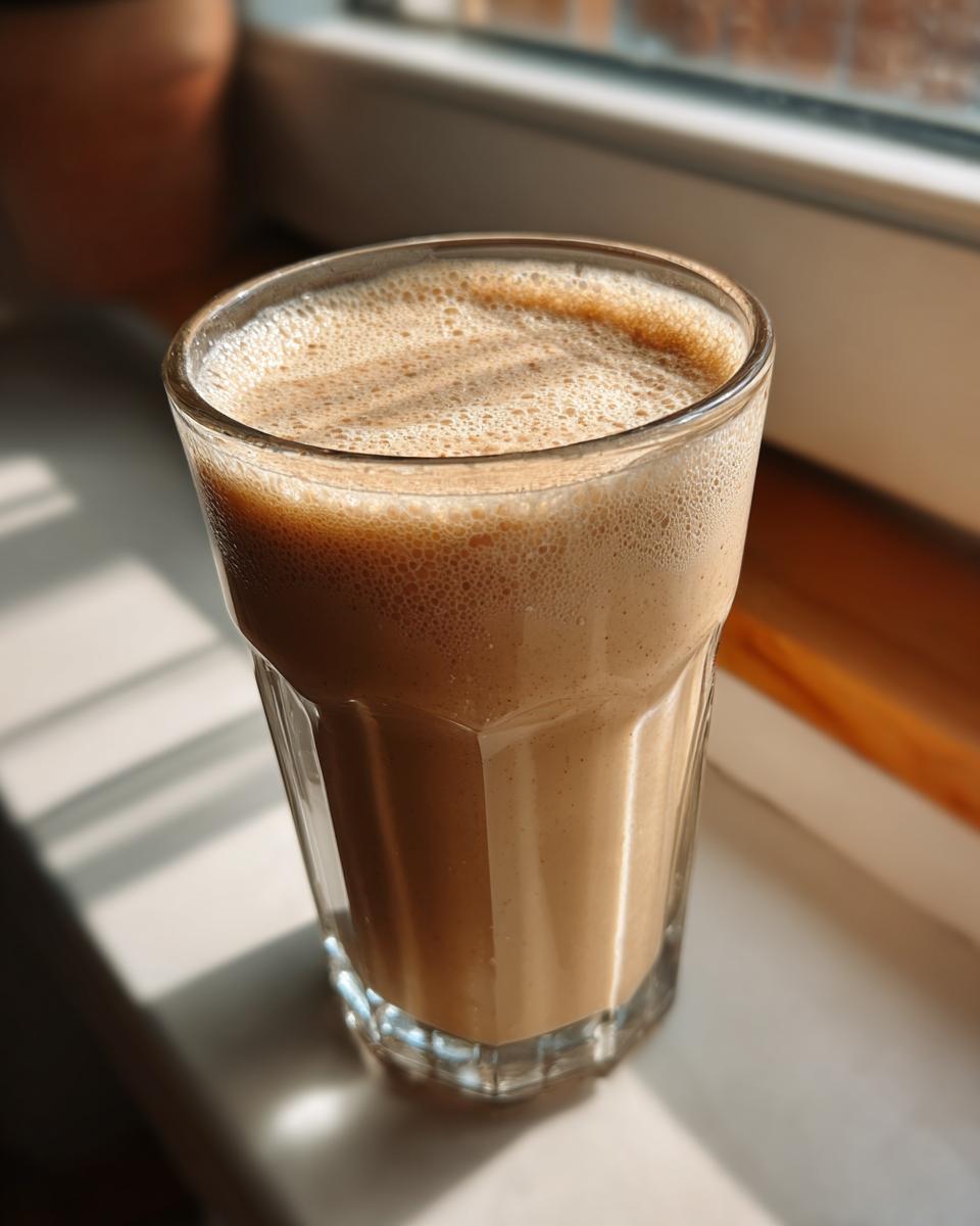 A tall glass filled with a thick, frothy peanut butter banana smoothie, backlit by sunlight.