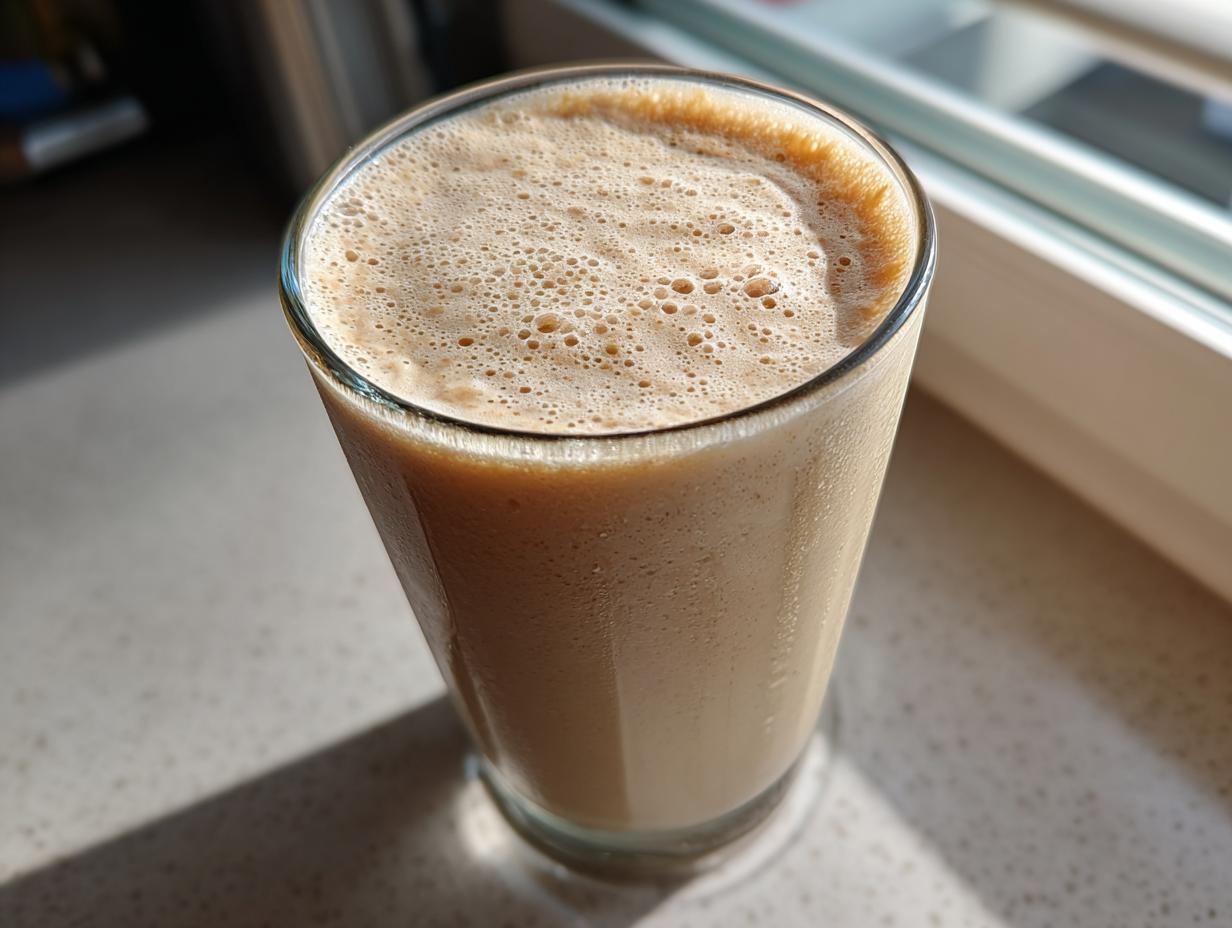 Close-up of a tall glass filled with a thick, frothy peanut butter banana smoothie, sitting on a light countertop near a window.