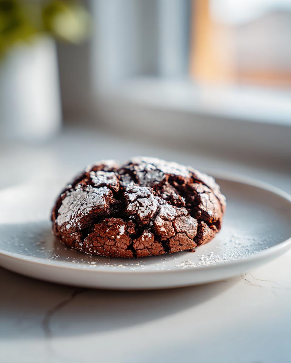 A single, dark chocolate crinkle cookies dusted heavily with white powdered sugar, sitting on a light plate.
