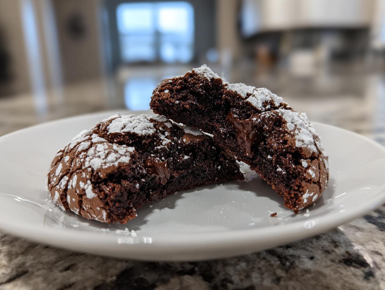 Two halves of a fudgy chocolate crinkle cookie, dusted with powdered sugar, showing a molten center.