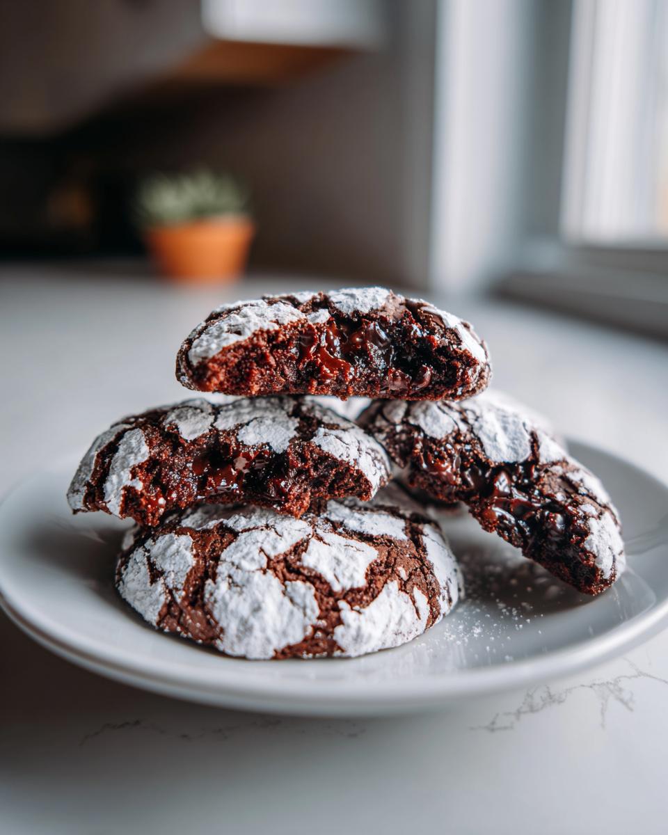A stack of fudgy chocolate crinkle cookies dusted heavily with powdered sugar, showing a gooey center.