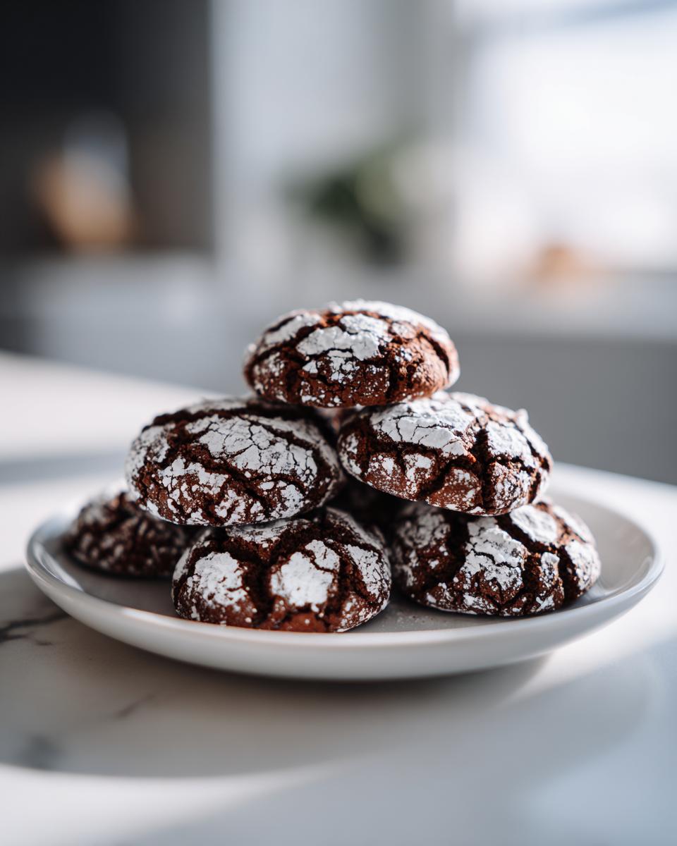 A stack of rich, dark chocolate crinkle cookies dusted heavily with white powdered sugar.