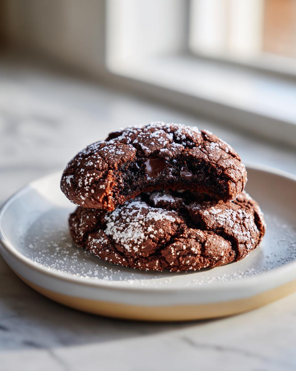 Two fudgy chocolate crinkle cookies dusted with powdered sugar, one broken open to show a molten chocolate center.