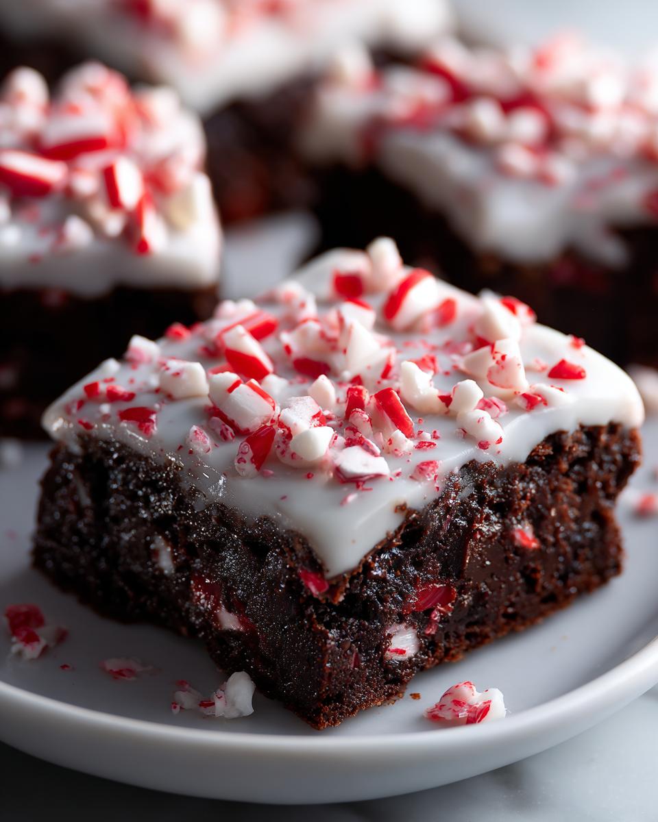 Close-up of a fudgy peppermint brownie square topped with white icing and crushed candy canes.