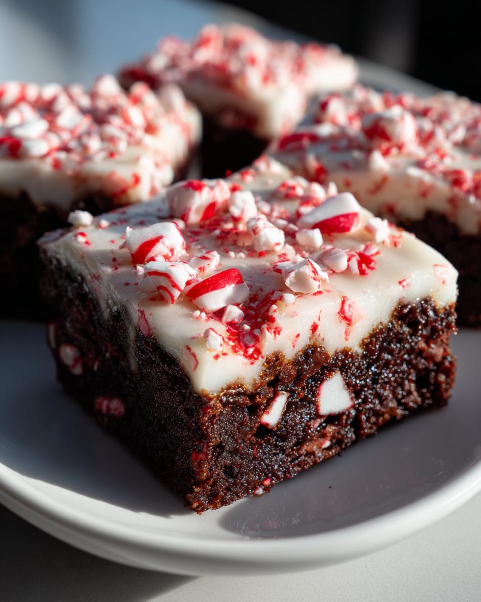 A close-up of a fudgy peppermint brownie square topped with white frosting and crushed candy canes.