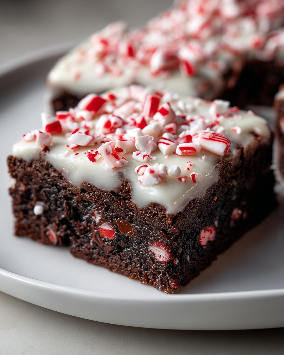 Close-up of a fudgy peppermint brownie slice topped with white frosting and crushed candy canes.