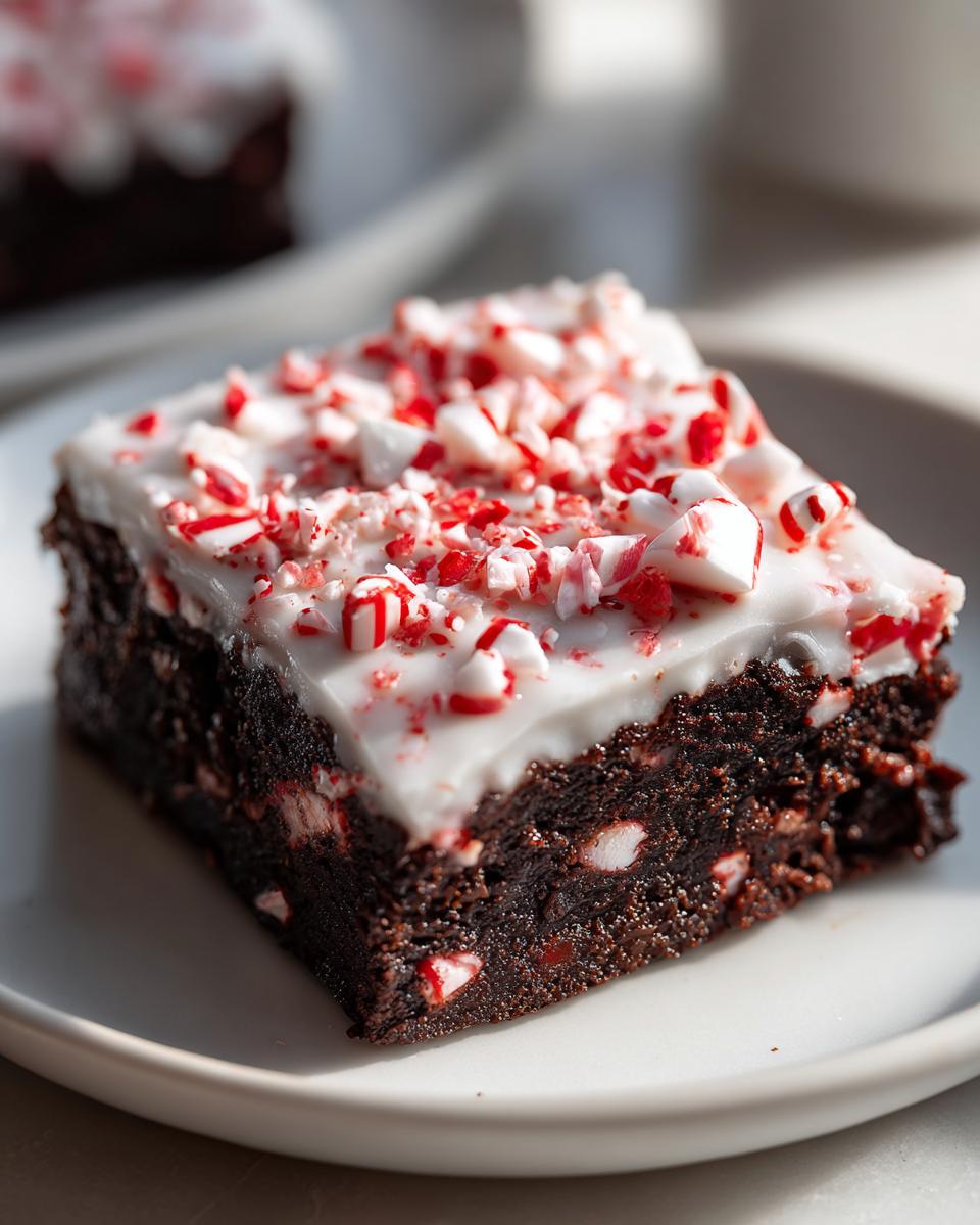 A close-up of a single, fudgy peppermint brownie topped with white frosting and crushed candy canes.