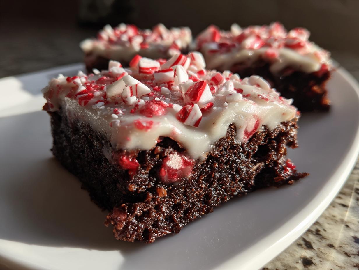 Close-up of a fudgy peppermint brownie slice topped with white frosting and crushed candy canes.
