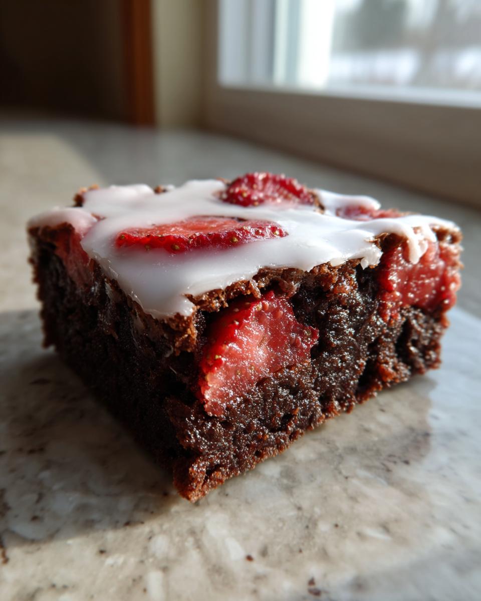 A close-up of a fudgy strawberry brownie slice topped with white glaze and fresh strawberry pieces.