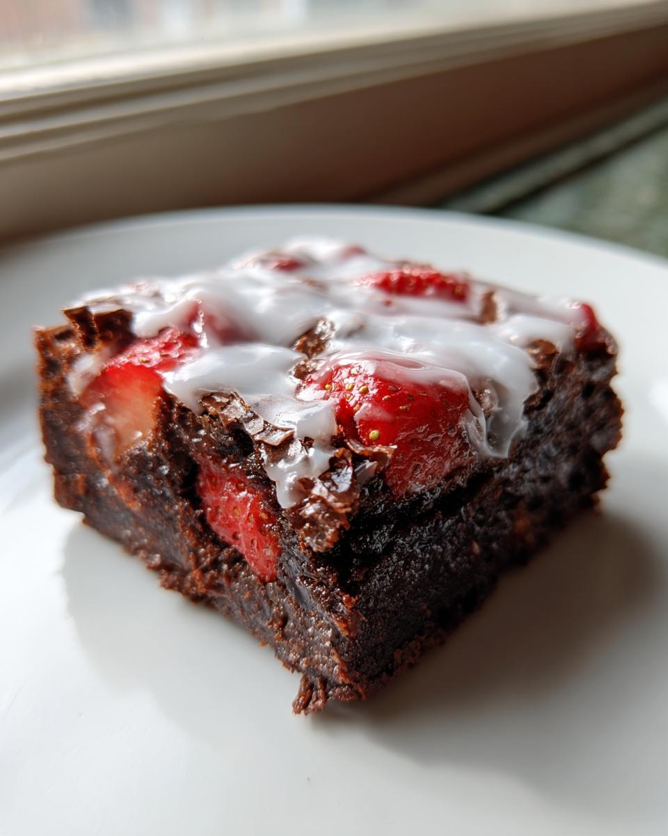A single, fudgy strawberry brownie square topped with sliced strawberries and a drizzle of white glaze.