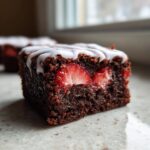 Close-up of a fudgy strawberry brownies square, showing a baked strawberry inside and white icing drizzle on top.