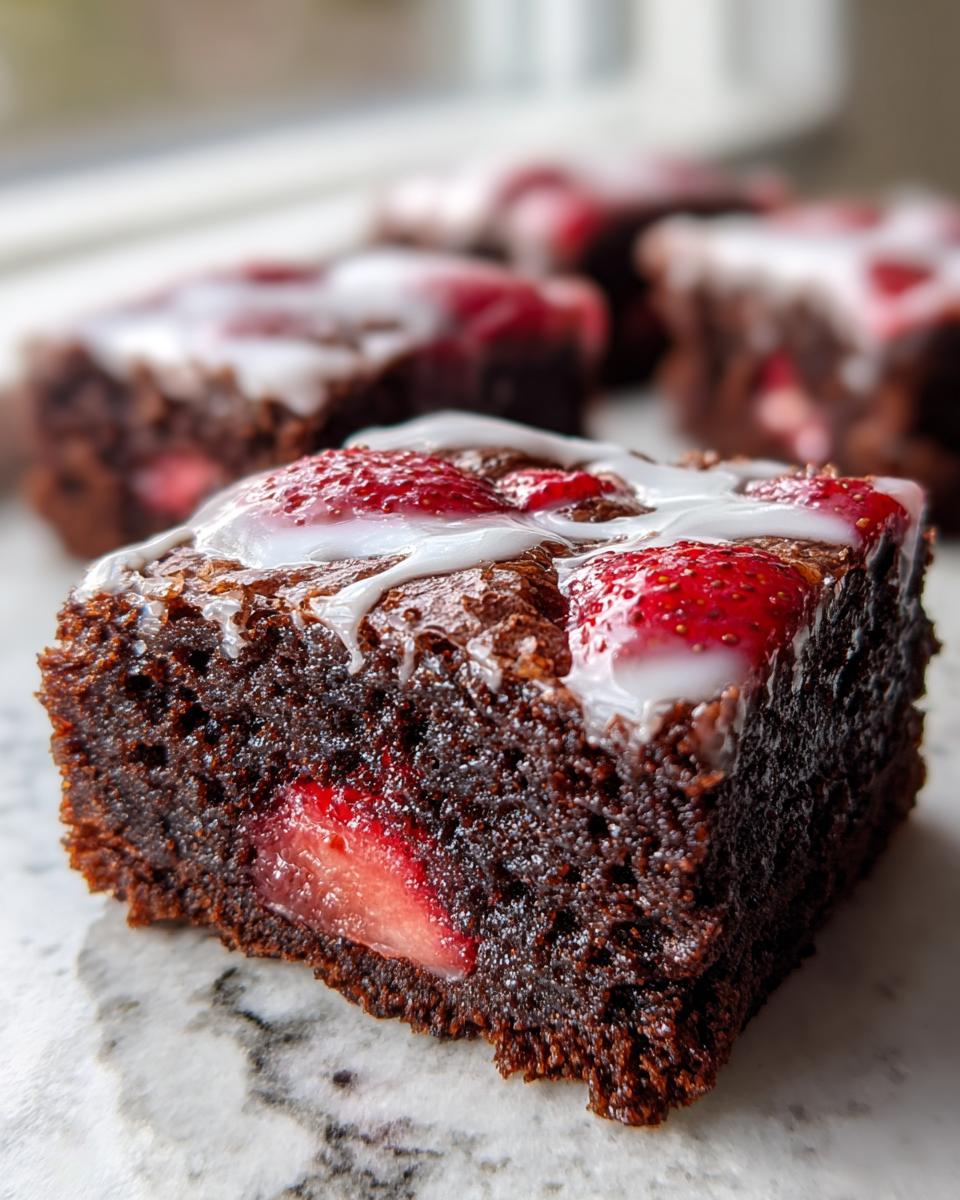 A close-up of a fudgy strawberry brownie square topped with sliced strawberries and white glaze.