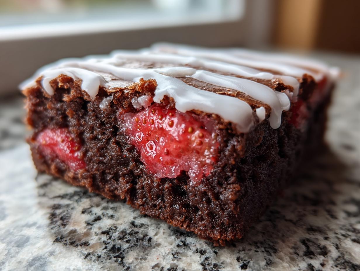 Close-up of a fudgy strawberry brownie showing baked strawberry pieces inside and a white icing drizzle on top.