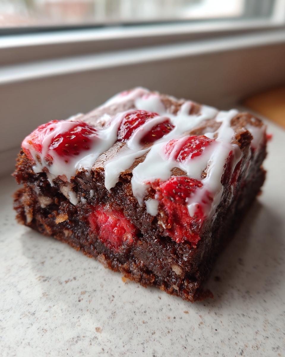 A close-up of a fudgy strawberry brownie slice topped with sliced strawberries and white icing drizzle.