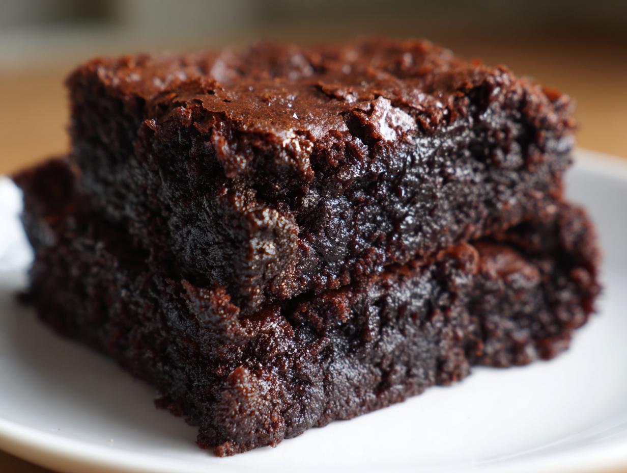 Close-up of two rich, dark, fudgy sweet potato brownies stacked on a white plate.