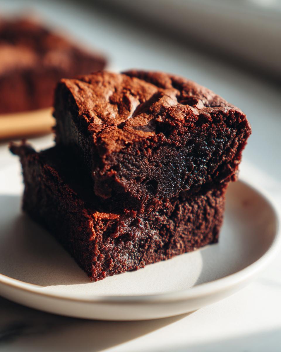 Two rich, dark, fudgy sweet potato brownies stacked on a small, light-colored plate.