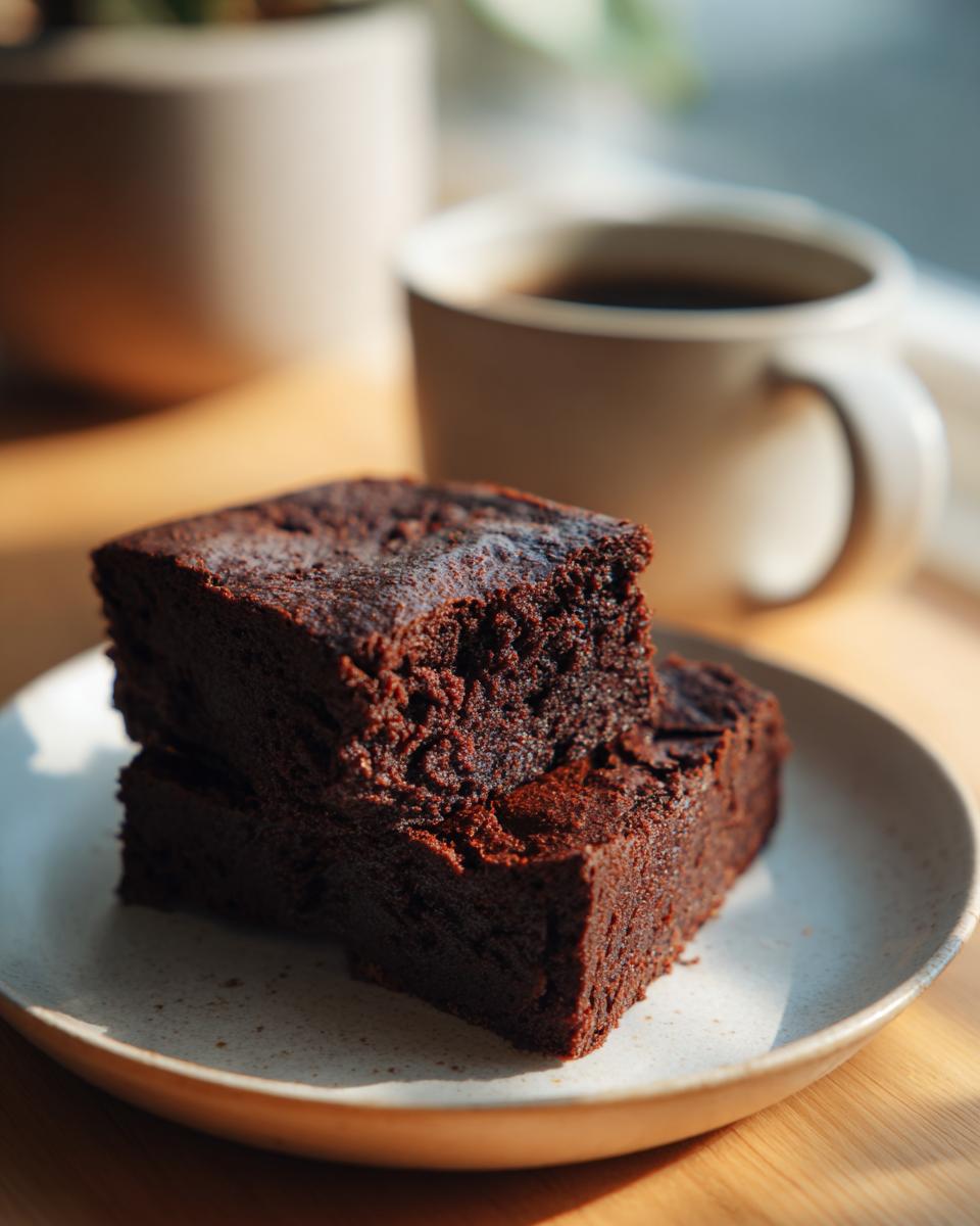 Two fudgy sweet potato brownies stacked on a speckled plate next to a mug of coffee.