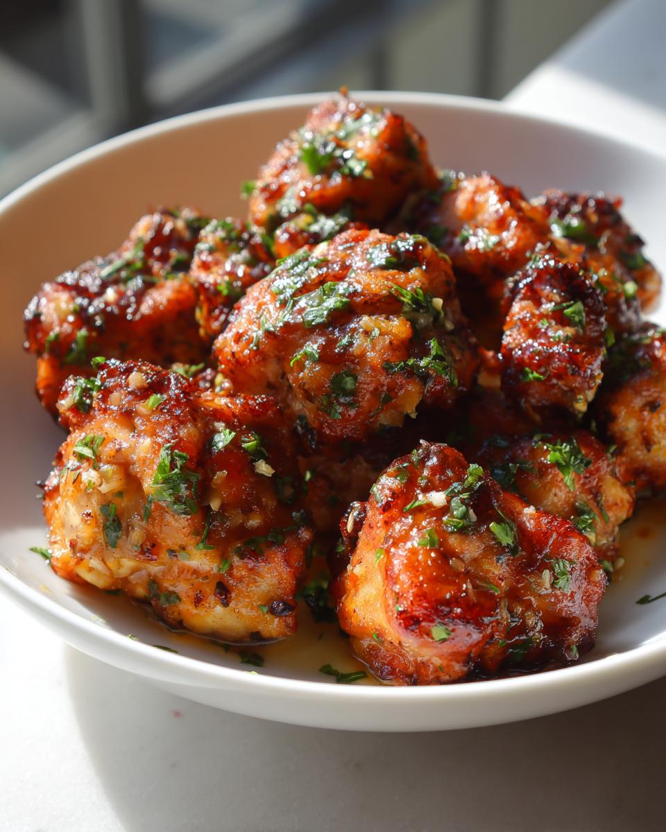 Close-up of glossy, golden-brown garlic butter chicken bites topped with fresh parsley.